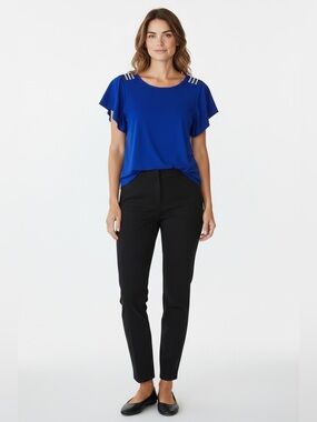 Louise Paris NWOT Royal Blue Short Sleeve Top W/Mesh & Rhinestones, Size Small